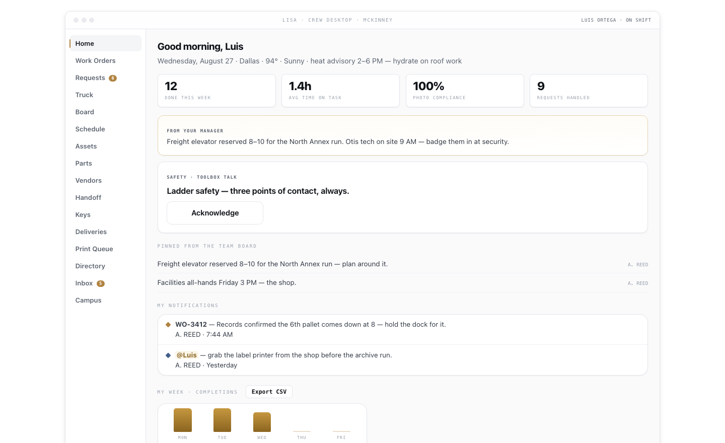 Lisa crew desktop — home with stats, kanban and bulletin board