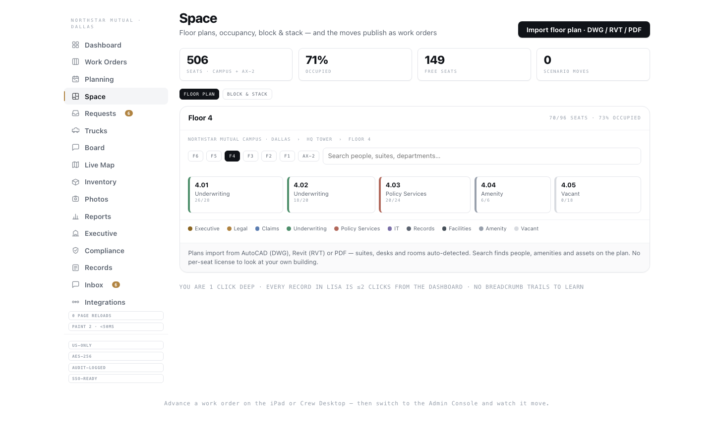 Lisa space — floor plan with per-suite occupancy and live search