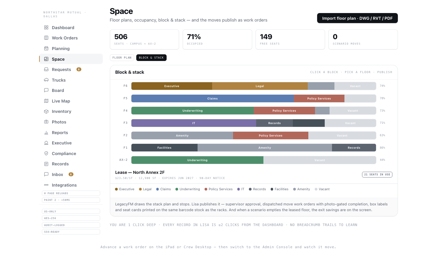 Lisa space planning — block and stack view with lease card