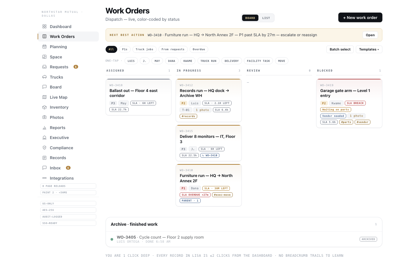 Lisa work orders — list and status views, color-coded, archived when finished